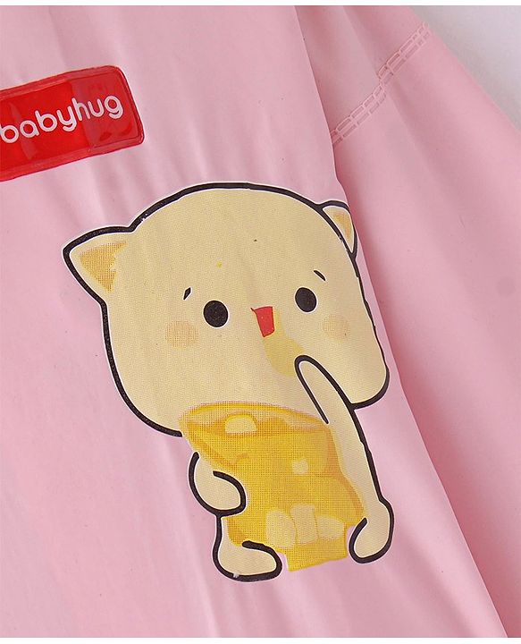 Babyhug Full Sleeves Below Knee Length Hooded Raincoat Cat Print - Pink