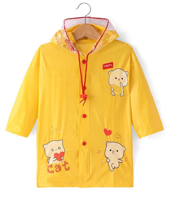 Babyhug Full Sleeves Below Knee Length Hooded Raincoat Cat Print - Yellow