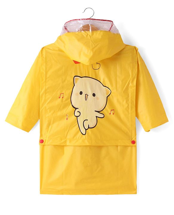 Babyhug Full Sleeves Below Knee Length Hooded Raincoat Cat Print - Yellow