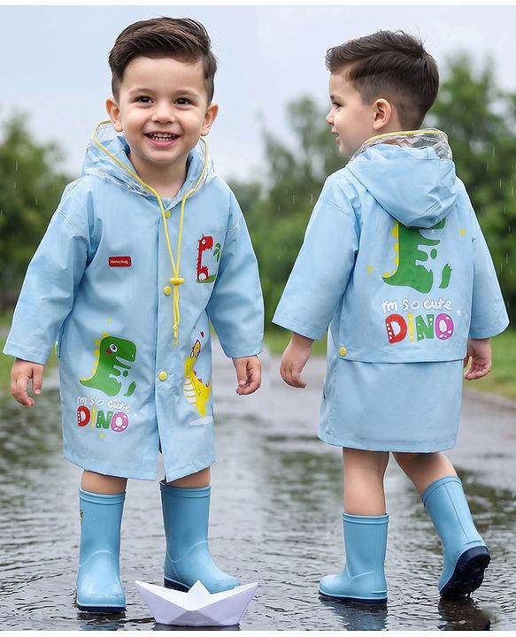 Babyhug Full Sleeves Below Knee Length Hooded Raincoat Dino Print - Ice Blue