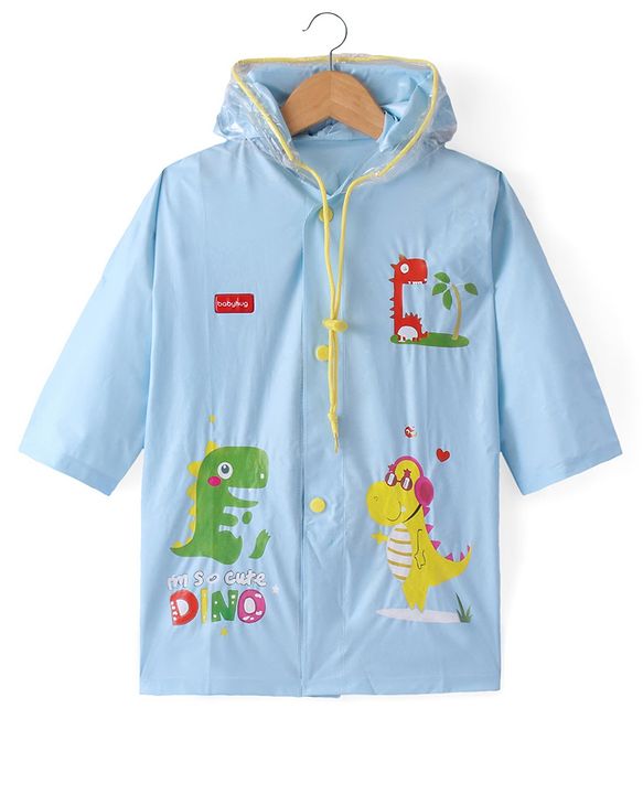 Babyhug Full Sleeves Below Knee Length Hooded Raincoat Dino Print - Ice Blue