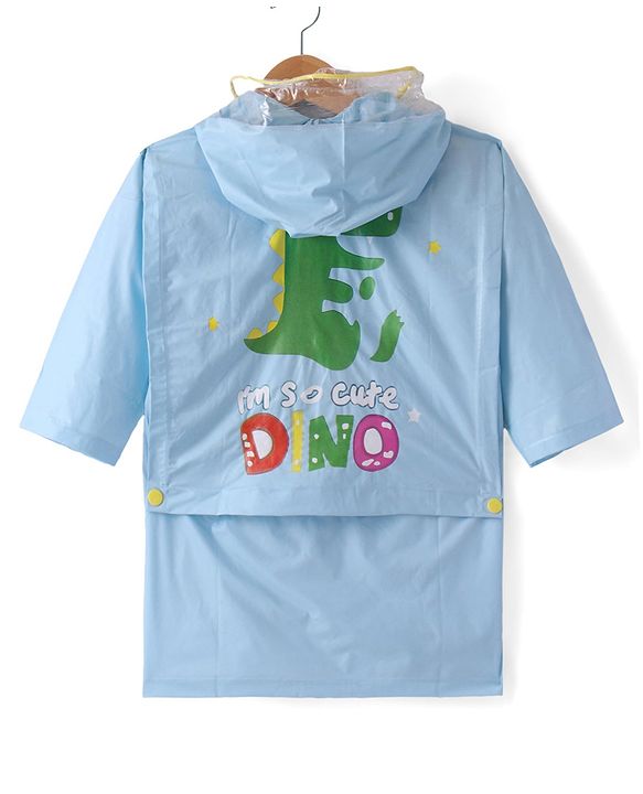 Babyhug Full Sleeves Below Knee Length Hooded Raincoat Dino Print - Ice Blue