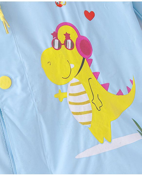 Babyhug Full Sleeves Below Knee Length Hooded Raincoat Dino Print - Ice Blue