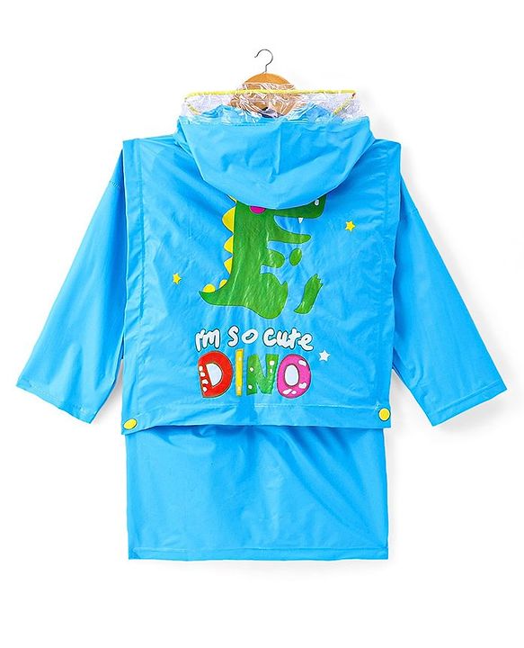 Babyhug Full Sleeves Below Knee Length Raincoat Cute Dino Print - Sky Blue
