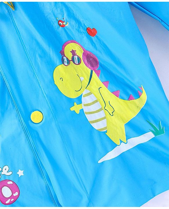 Babyhug Full Sleeves Below Knee Length Raincoat Cute Dino Print - Sky Blue