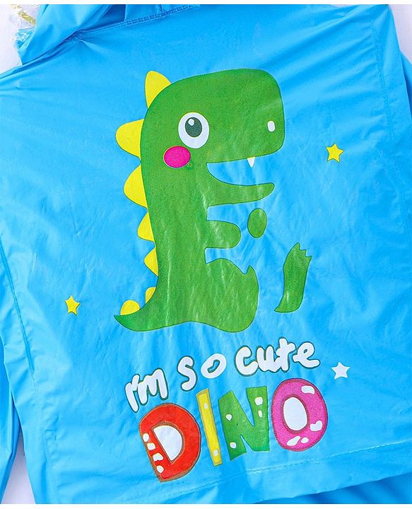 Babyhug Full Sleeves Below Knee Length Raincoat Cute Dino Print - Sky Blue