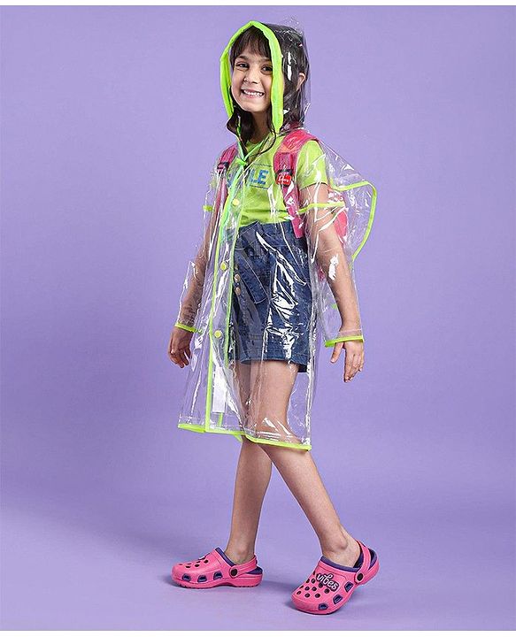 Babyhug Full Sleeves Below Knee Length Transparent Raincoat Rainy Day Print - Neon Green