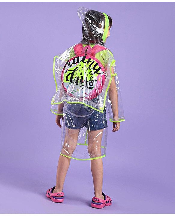 Babyhug Full Sleeves Below Knee Length Transparent Raincoat Rainy Day Print - Neon Green