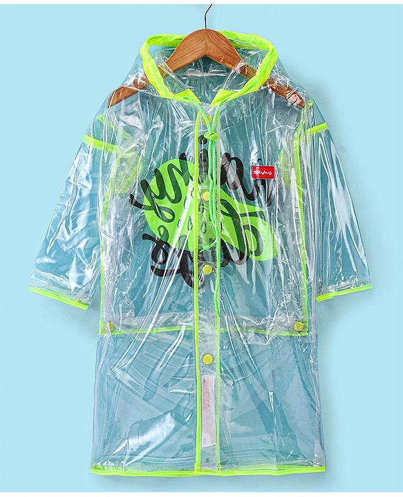 Babyhug Full Sleeves Below Knee Length Transparent Raincoat Rainy Day Print - Neon Green