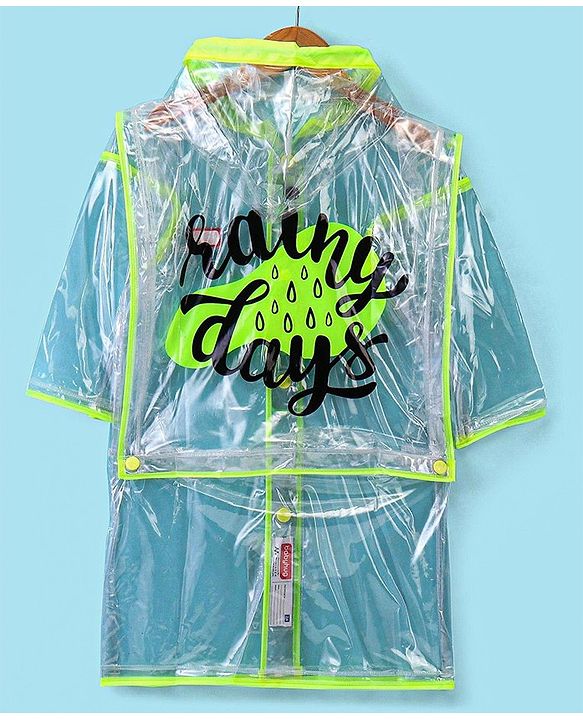 Babyhug Full Sleeves Below Knee Length Transparent Raincoat Rainy Day Print - Neon Green