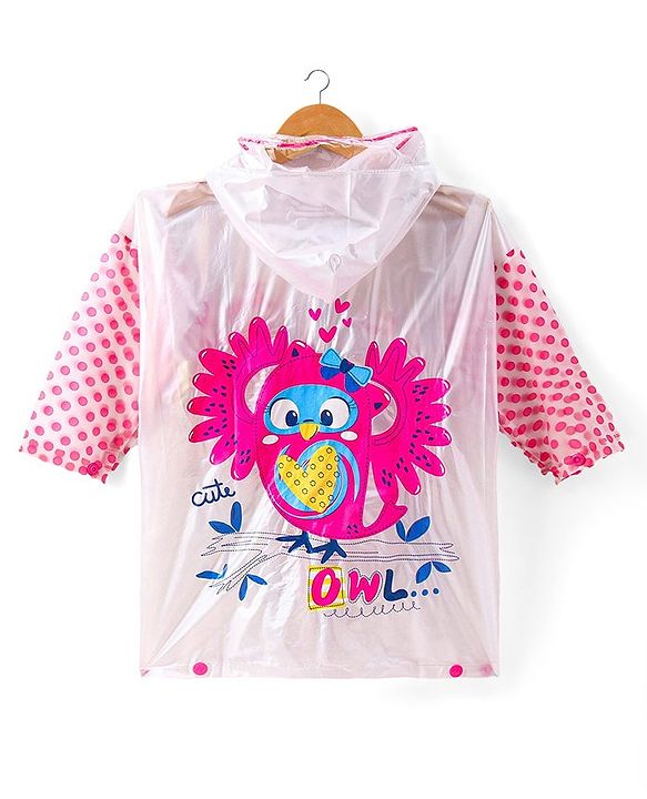 Babyhug Below Knee Length Full Sleeves Raincoat Owl Print - White