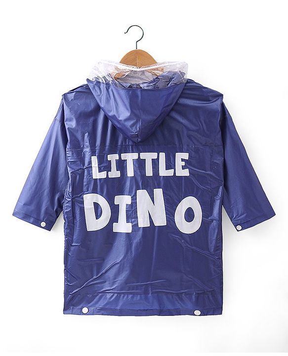 Babyhug Full Sleeves Below Knee Length Hooded Raincoat Dino Print - Navy Blue