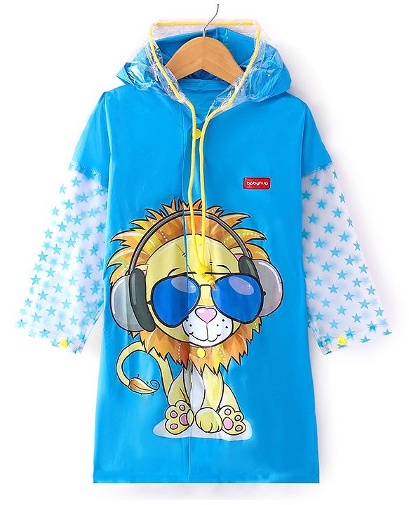 Babyhug Full Sleeves Knee Length Raincoat Lion Roar Print - Sky Blue