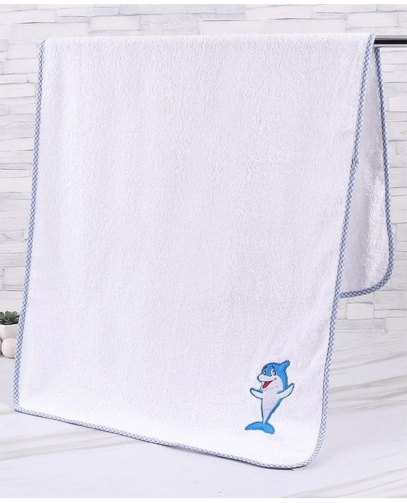Babyhug Woven Terry Bath Towel With Dolphine Embroidery L 100 x B 50 cm - White