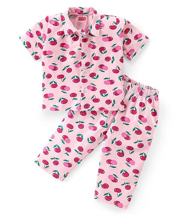 Babyhug Cotton Knit Half Sleeves Cherry Print Night Suit - Pink