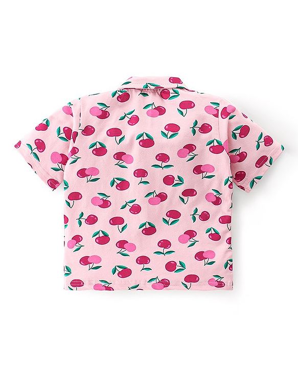Babyhug Cotton Knit Half Sleeves Cherry Print Night Suit - Pink