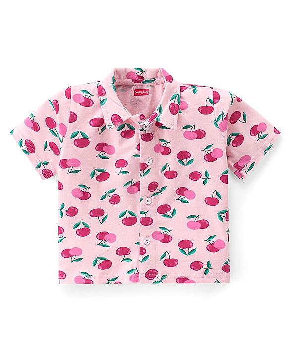 Babyhug Cotton Knit Half Sleeves Cherry Print Night Suit - Pink