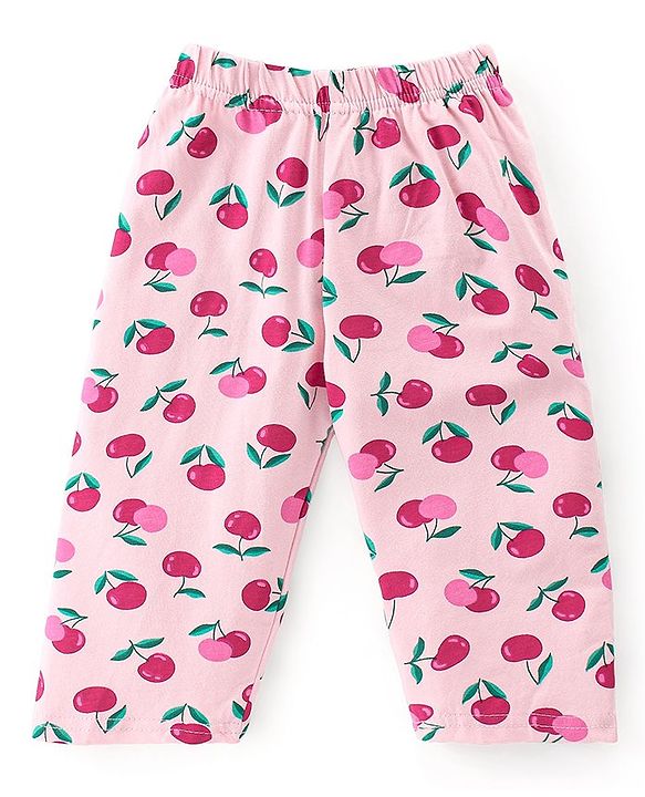 Babyhug Cotton Knit Half Sleeves Cherry Print Night Suit - Pink