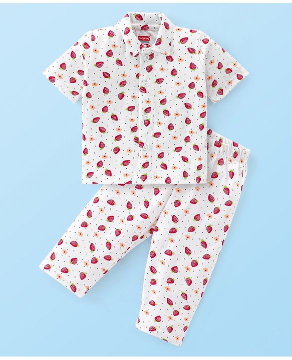 Babyhug Cotton Knit Half Sleeves Floral Print Night Suit - White