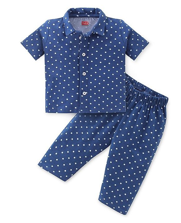 Babyhug Single Jersey Cotton Knit Half Sleeves Night Suit Polka Dot Print - Blue