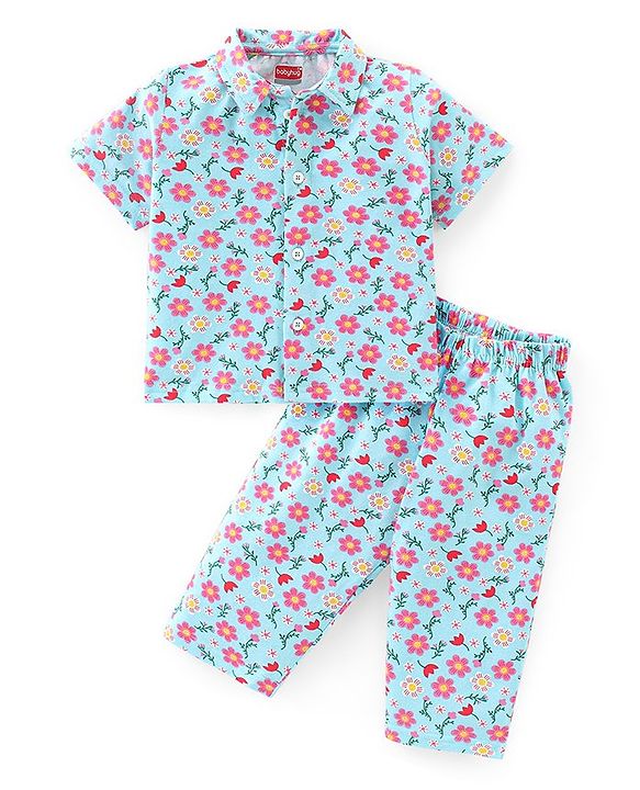 Babyhug Single Jersey Knit Half Sleeves Floral Print Night Suit - Blue