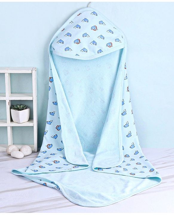 Babyhug Knit Terry Towel With Hood Fish Print L 76.2 x B 76.2 cm - Blue