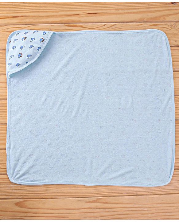 Babyhug Knit Terry Towel With Hood Fish Print L 76.2 x B 76.2 cm - Blue