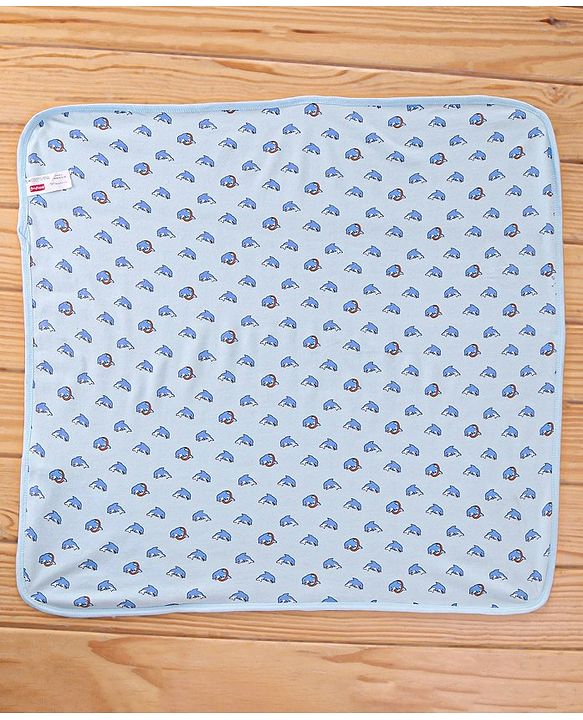 Babyhug Knit Terry Towel With Hood Fish Print L 76.2 x B 76.2 cm - Blue