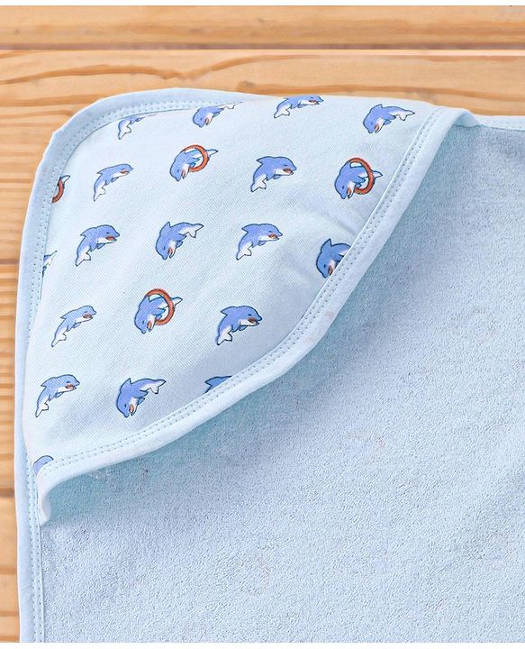 Babyhug Knit Terry Towel With Hood Fish Print L 76.2 x B 76.2 cm - Blue