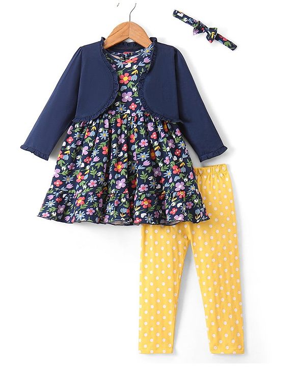 Babyhug 100% Cotton Knit Frock & Leggings with Full Sleeves Shrug & Head Band Floral Print - Navy Blue