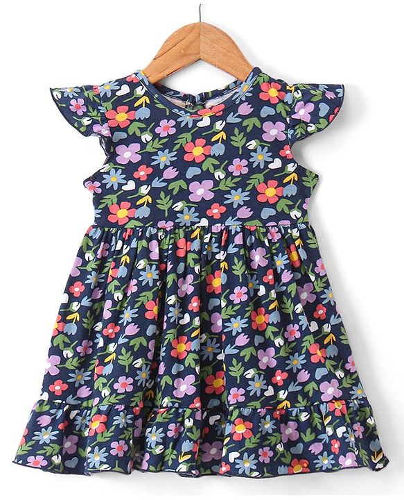 Babyhug 100% Cotton Knit Frock & Leggings with Full Sleeves Shrug & Head Band Floral Print - Navy Blue