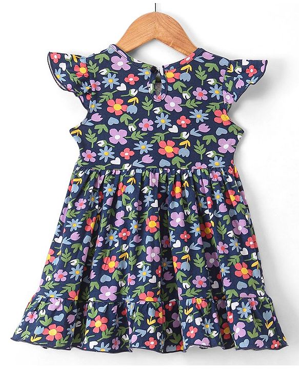 Babyhug 100% Cotton Knit Frock & Leggings with Full Sleeves Shrug & Head Band Floral Print - Navy Blue