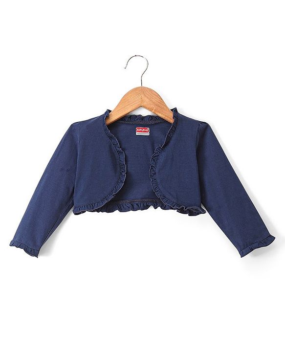 Babyhug 100% Cotton Knit Frock & Leggings with Full Sleeves Shrug & Head Band Floral Print - Navy Blue