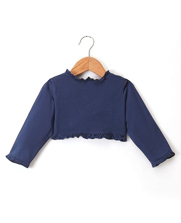 Babyhug 100% Cotton Knit Frock & Leggings with Full Sleeves Shrug & Head Band Floral Print - Navy Blue