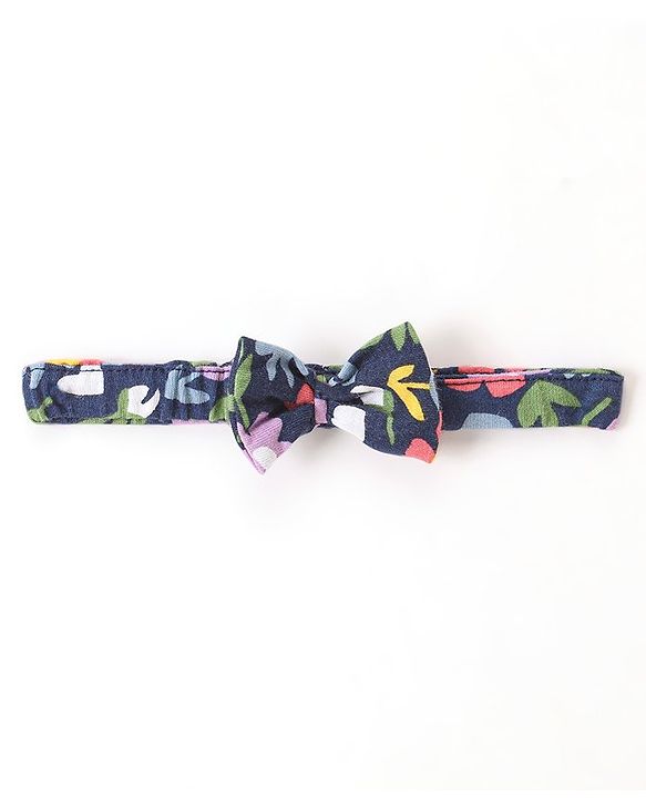 Babyhug 100% Cotton Knit Frock & Leggings with Full Sleeves Shrug & Head Band Floral Print - Navy Blue