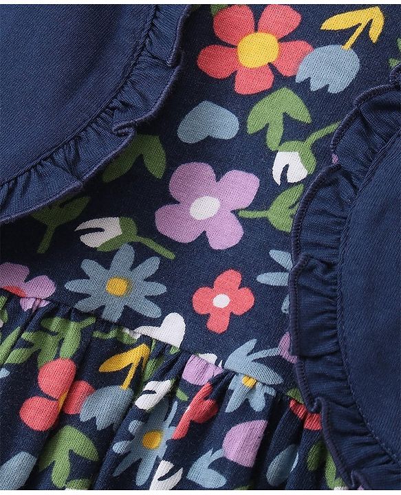 Babyhug 100% Cotton Knit Frock & Leggings with Full Sleeves Shrug & Head Band Floral Print - Navy Blue