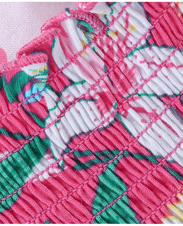 Babyhug Cotton Knit Floral Printed Dungree Style Jumpsuit with Half Sleeves Inner Tee - Pink & White