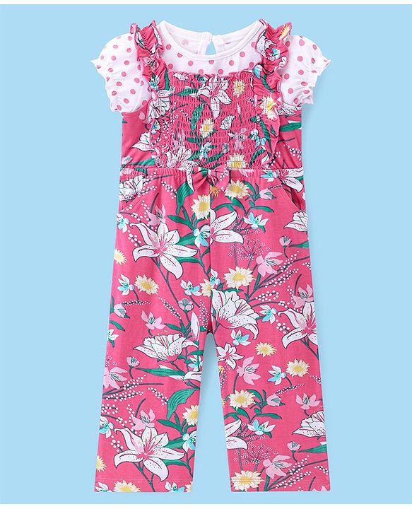 Babyhug Cotton Knit Floral Printed Jumpsuit with Half Sleeves Inner Tee - Pink & White