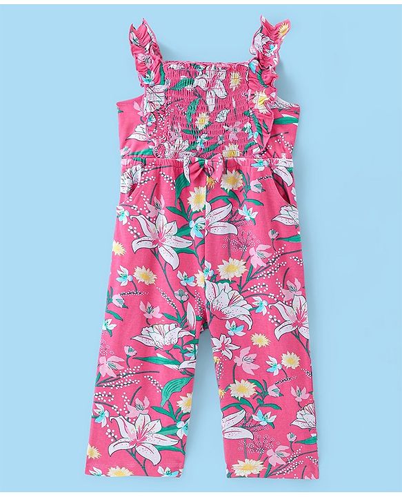 Babyhug Cotton Knit Floral Printed Jumpsuit with Half Sleeves Inner Tee - Pink & White