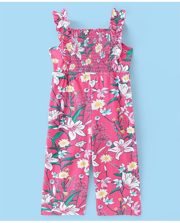 Babyhug Cotton Knit Floral Printed Dungree Style Jumpsuit with Half Sleeves Inner Tee - Pink & White