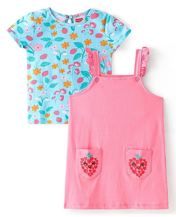 Babyhug Single Jersey Knit Frock with  Half Sleeves  T-Shirt Floral Print - Pink