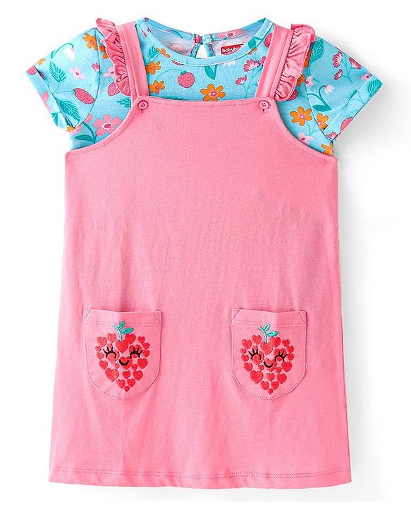 Babyhug Single Jersey Knit Frock with  Half Sleeves  T-Shirt Floral Print - Pink