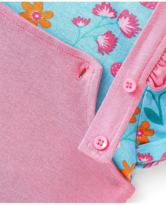 Babyhug Single Jersey Knit Frock with  Half Sleeves  T-Shirt Floral Print - Pink