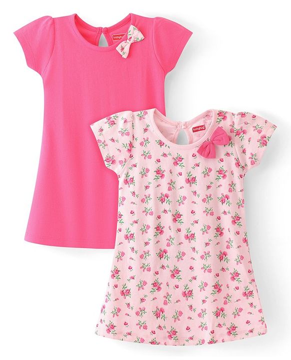 Babyhug Single Jersey Knit Half Sleeves Frocks with Floral Print Bow Applique Pack of 2 - Multicolour