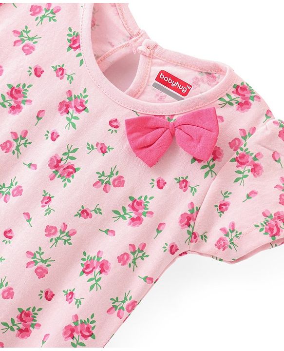 Babyhug Single Jersey Knit Half Sleeves Frocks with Floral Print Bow Applique Pack of 2 - Multicolour