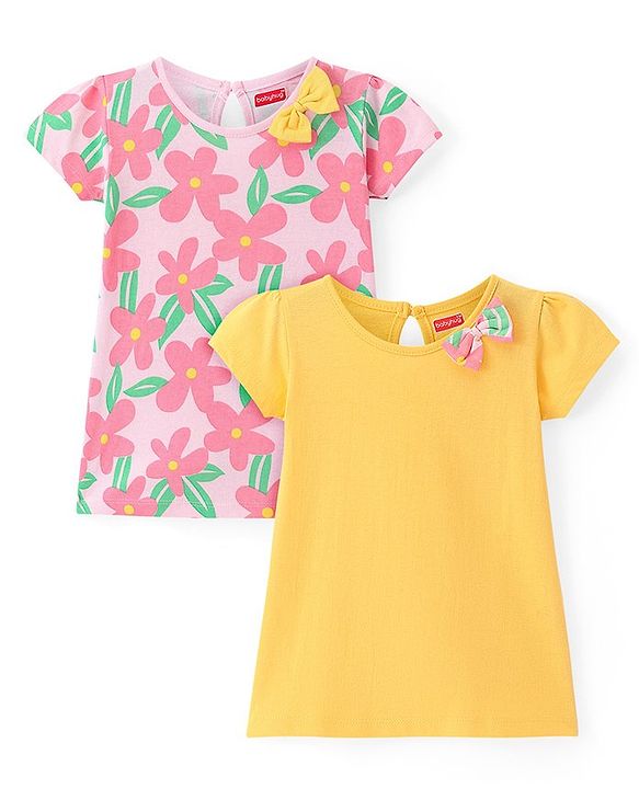 Babyhug Single Jersey Knit Half Sleeves Frocks With Floral Print & Bow Applique Pack of 2 - Pink & Yellow
