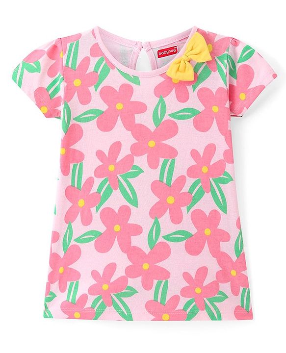 Babyhug Single Jersey Knit Half Sleeves Frocks With Floral Print & Bow Applique Pack of 2 - Pink & Yellow