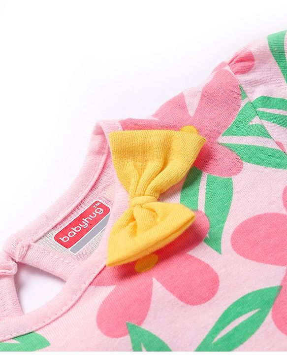 Babyhug Single Jersey Knit Half Sleeves Frocks With Floral Print & Bow Applique Pack of 2 - Pink & Yellow