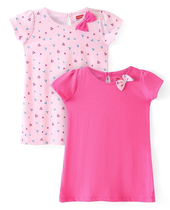 Babyhug Single Jersey Knit Half Sleeves Floral Printed Frock With Bow Pack of 2 - Multicolour