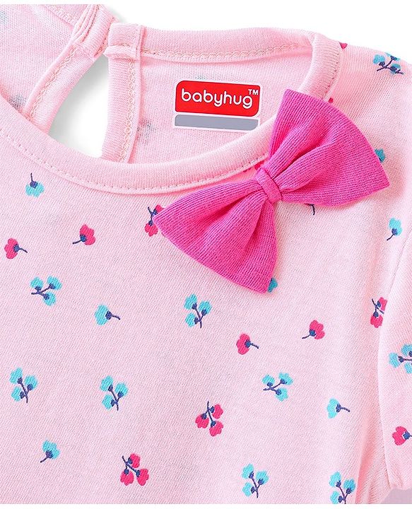 Babyhug Single Jersey Knit Half Sleeves Floral Printed Frock With Bow Pack of 2 - Multicolour